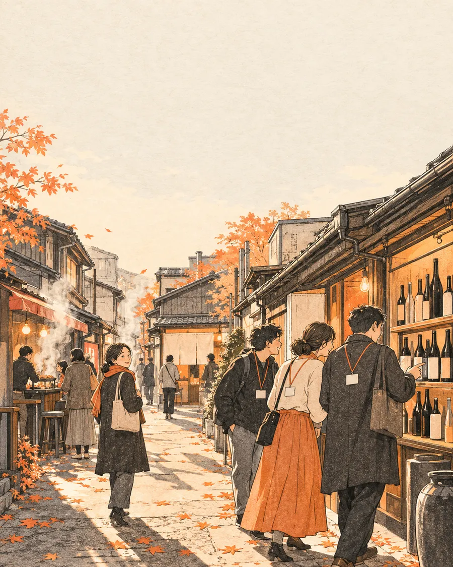 紅葉の路地で、パスを首から下げた人たちが酒屋の店先をのぞいている絵